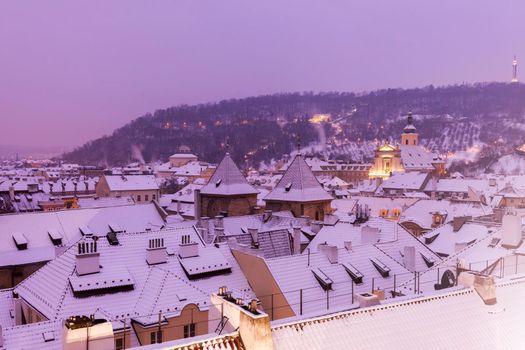 Winter in Prague - city panorama with St. Vitus Cathedral. Prague, Bohemia, Czech Republic.