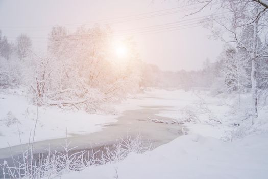 Winter snow landscape with a river . Russian winter. Winter. Landscape with a river. Sun and snow. The gentle landscape. Photos for printed products. Article about winter travel.