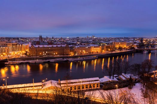 Winter in Prague - bridges on Vltava River. Prague, Bohemia, Czech Republic.