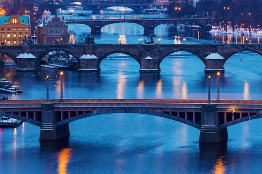 Winter in Prague - bridges on Vltava River. Prague, Bohemia, Czech Republic.