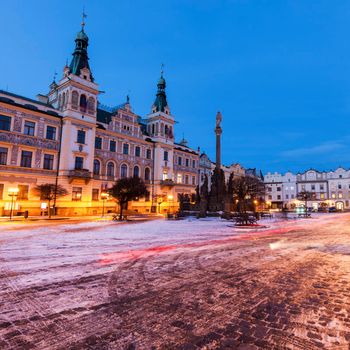 City Hall and Plague Column on Pernstynske Square in Pardubice. Pardubice, Bohemia, Czech Republic.