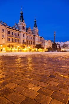 City Hall and Plague Column on Pernstynske Square in Pardubice. Pardubice, Bohemia, Czech Republic.