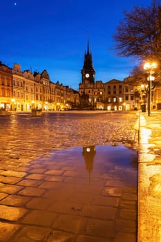 Pernstynske Square and Green Tower in Pardubice. Pardubice, Bohemia, Czech Republic.