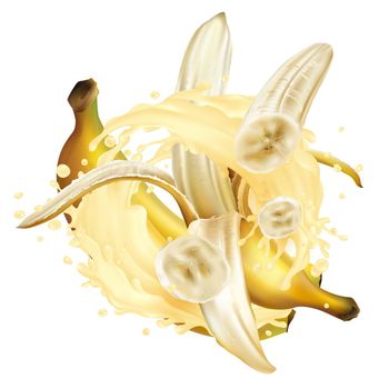 Bananas and a milkshake or yogurt splash on a white background. Realistic style illustration.