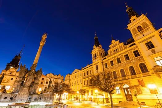 City Hall and Plague Column on Pernstynske Square in Pardubice. Pardubice, Bohemia, Czech Republic.
