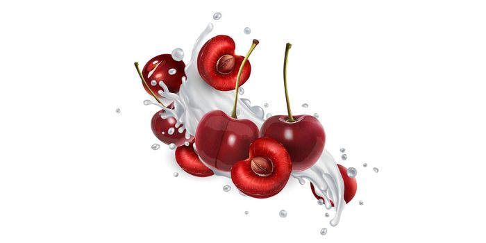 Cherries and a splash of yogurt or milk on a white background. Realistic style illustration.