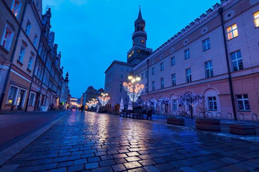 City Hall in Opole at night. Opole, Opolskie, Poland.