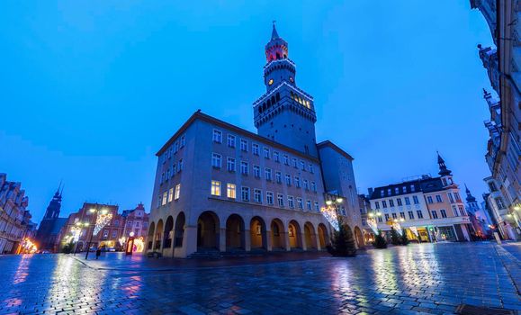 City Hall in Opole at night. Opole, Opolskie, Poland.