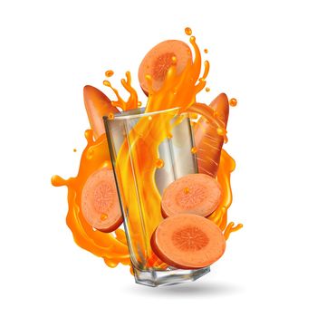 Splash of vegetable juice in a glass and carrots on a white background. Realistic style illustration.