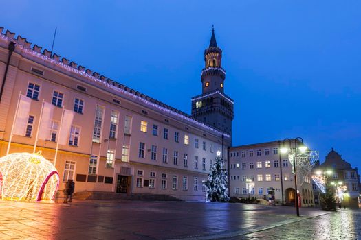 City Hall in Opole at night. Opole, Opolskie, Poland.