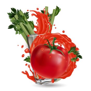 Splash of vegetable juice in a glass and tomato with celery on a white background. Realistic style illustration.