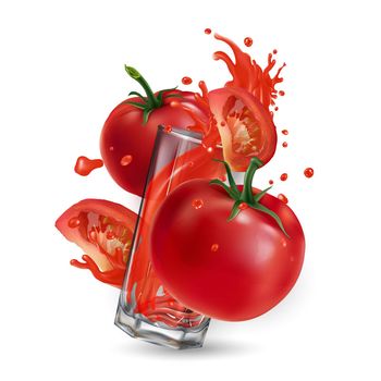 Splash of vegetable juice in a glass and tomatoes on a white background. Realistic style illustration.