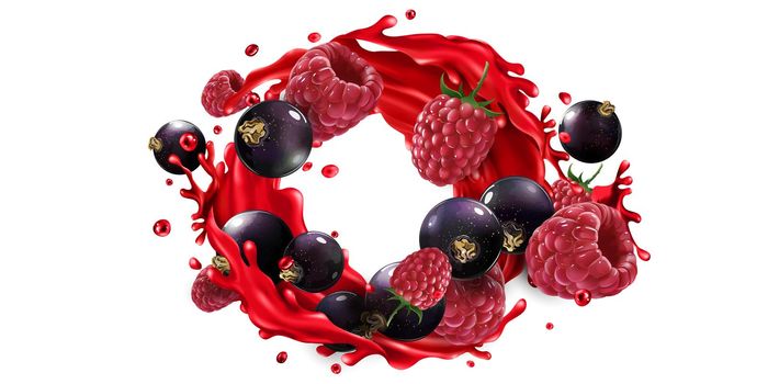 Fresh black currant and raspberry and a splash of red fruit juice on a white background. Realistic style illustration.