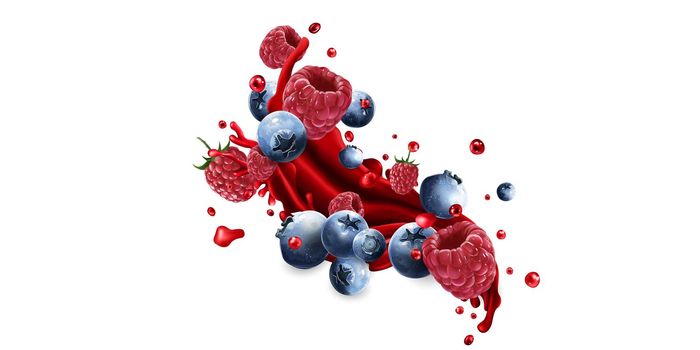 Blueberries and raspberries and a splash of red fruit juice on a white background. Realistic style illustration.