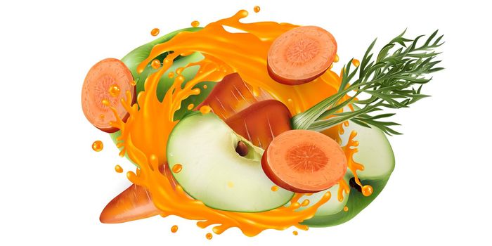 Fresh carrots and green apples and a splash of vegetable juice on a white background. Realistic style illustration.