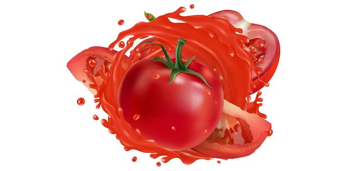 Fresh tomatoes and a splash of vegetable juice on a white background. Realistic style illustration.