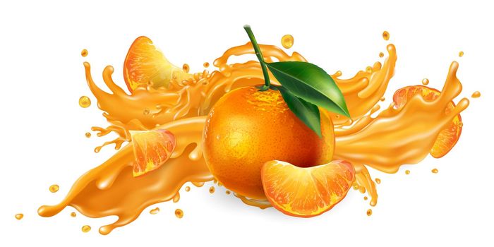 Whole and sliced mandarins and a splash of fruit juice on a white background. Realistic style illustration.