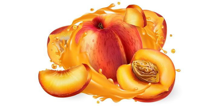 Fresh peaches and a splash of fruit juice on a white background. Realistic style illustration.