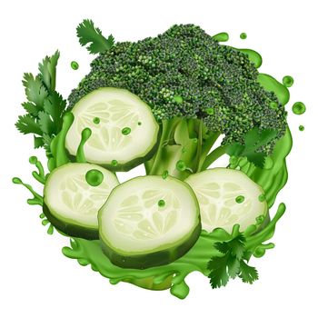 Composition with cucumber, broccoli and green juice splash on a white background. Realistic style illustration.