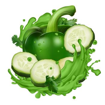 Composition with cucumber and pepper in splashes of green juice on a white background. Realistic style illustration.