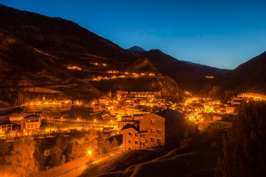 Panorama of Canillo at night. Canillo, Andorra.