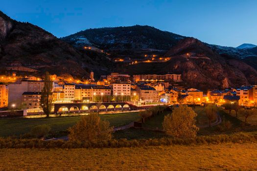Panorama of Canillo seen before sunrise. Canillo, Andorra.