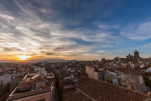 Architecture of Tarragona at sunset - aerial photo. Tarragona, Catalonia, Spain.