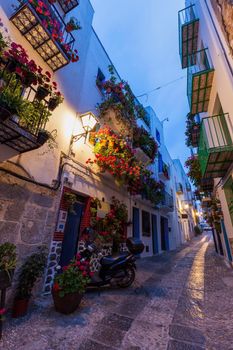 Narrow streets of Peniscola old town. Peniscola, Valencian Community, Spain.