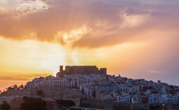 Panorama of Peniscola at sunrise. Peniscola, Valencian Community, Spain.