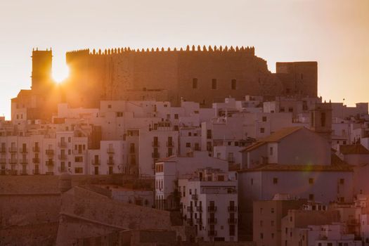 Panorama of Peniscola at sunrise. Peniscola, Valencian Community, Spain.