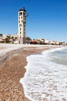 Nules Lighthouse and Mediterranean Sea. Playa de Nules, Valencian Community, Spain.