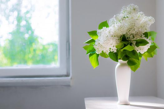 A bouquet of white lilac in a vase . Spring flowers .Smell. Flowers in a vase. Copy space