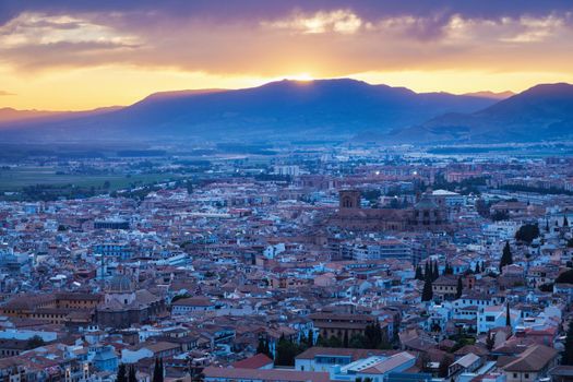 Panorama of Granada at sunset. Granada, Andalusia, Spain.