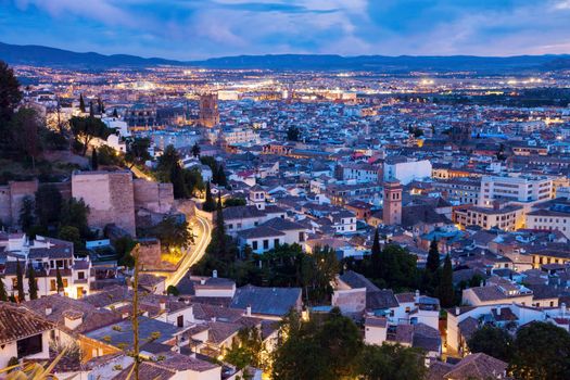 Panorama of Granada at night. Granada, Andalusia, Spain.