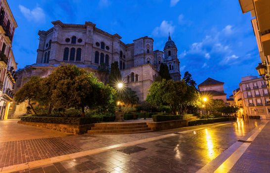 Malaga Cathedral at night. Malaga, Andalusia, Spain.