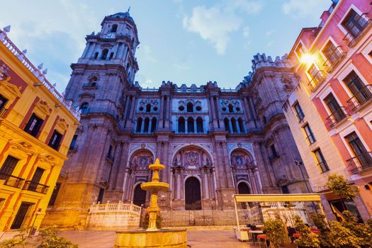 Malaga Cathedral at night. Malaga, Andalusia, Spain.