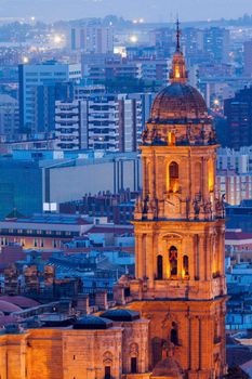 Malaga Cathedral at night. Malaga, Andalusia, Spain.