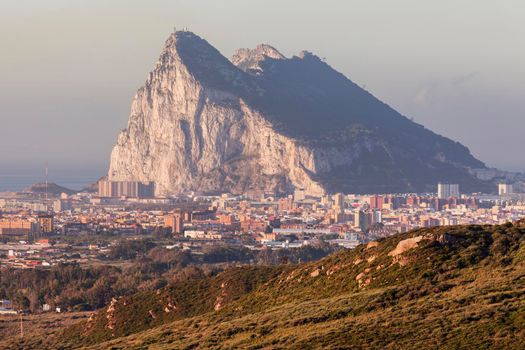 Panorama of Gibraltar seen from La Linea de la Concepcion. La Linea de la Concepcion, Andalusia, Spain.