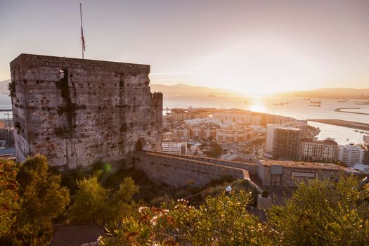 Panorama of Gibraltar at sunset. Gibraltar, Gibraltar.