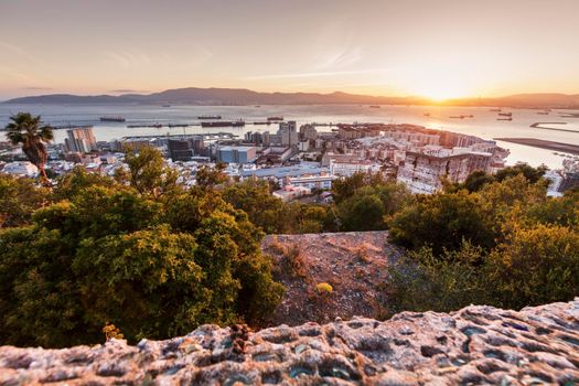 Panorama of Gibraltar at sunrise. Gibraltar.