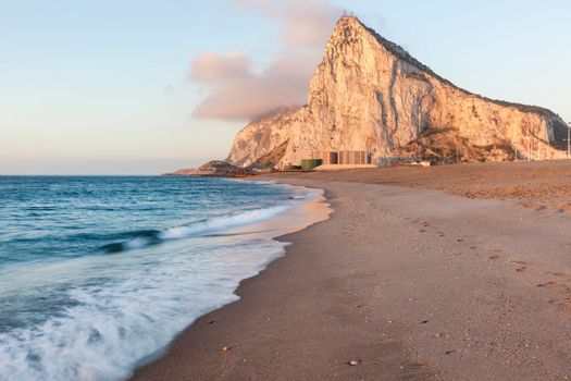 Panorama of the Gibraltar Rock at sunrise. Gibraltar.