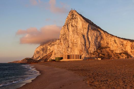 Panorama of Gibraltar Rock at sunrise. Gibraltar.