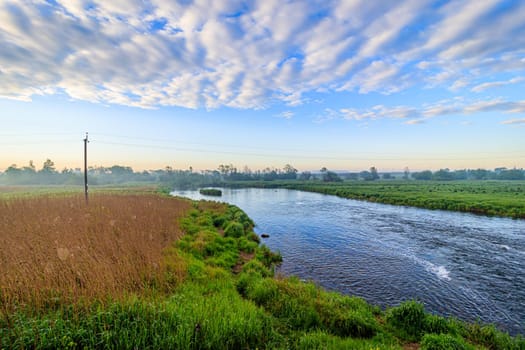 Summer Sunny dawn on the river . nature of Russia . Spaces. River. Photo for the picture. Summer landscape. For printed products. Magazine cover. wall murals. Beautiful summer landscape