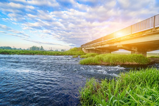 Summer Sunny dawn on the river . nature of Russia . Spaces. River. Photo for the picture. Summer landscape. For printed products. Magazine cover. wall murals. Beautiful summer landscape