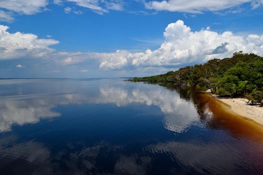 Sky reflection on Rio Negro waters, Amazon, Brazil.