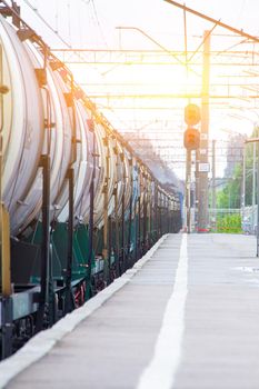 Commodity cars on the railway. Cargo transportation. Panorama of wagons awaiting loading. Russian railway. Turnover. Russia, Siverskaya August 3, 2019