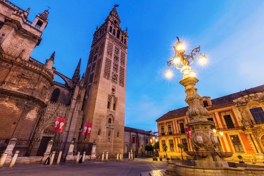 Seville Cathedral (Cathedral of Saint Mary of the See) at night. Seville, Andalusia, Spain.