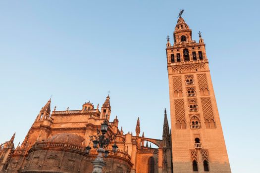 Seville Cathedral (Cathedral of Saint Mary of the See) at sunrise. Seville, Andalusia, Spain.