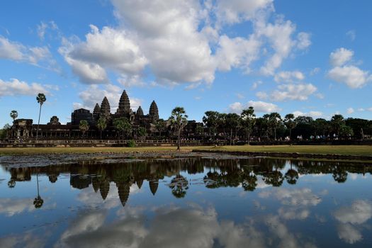 Angkor Wat temple and its reflection on the lake water, Cambodia.