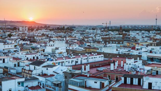 Panorama of Seville at sunset. Seville, Andalusia, Spain.